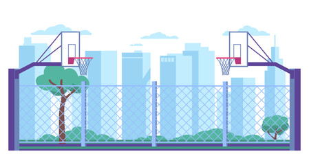 Open city basketball court against backdrop of trees and skyscrapers. Empty street playground. Outdoor sport ground. Streetball baskets and grid fence. Urban landscape. Vector concept