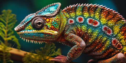 Vivid chameleon perched on twisted, moss-covered branch, with iridescent skin colors and captivating geometric background. Ideal for attention-grabbing scientific animal visuals.