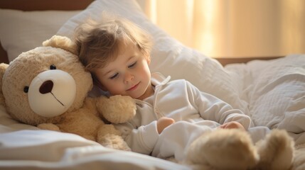 Fototapeta na wymiar A toddler in white pajamas playing in bed in the morning with teddy bear. AI generative.