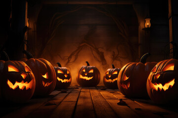 Jack-o'-lanterns glowing in the dark, casting spooky shadows