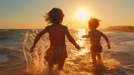 happy two children ,small boys on sunset sea run and play on beach and in sea water, sunbeam light refclection on wave splash drops   - obrazy, fototapety, plakaty