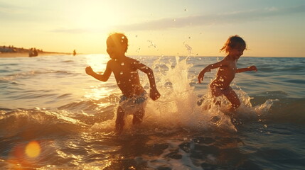 happy two children ,small boys on sunset sea run and play on beach and in sea water, sunbeam light refclection on wave splash drops  