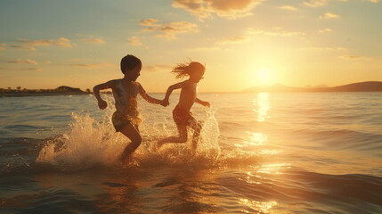 Fototapeta premium happy two children ,small boys on sunset sea run and play on beach and in sea water, sunbeam light refclection on wave splash drops 