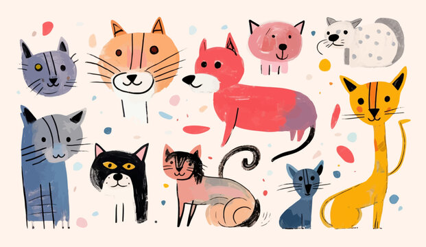 Many different funny cats and one dog in a childrens gouache drawing. Group of happy pets in a simple painting made by a child