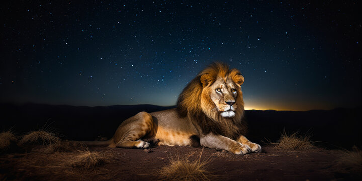 Majestic lion bathed in sunlight against a dreamy starry sky backdrop, offering a touch of ethereal enchantment. Ideal for innovative marketing campaigns.
