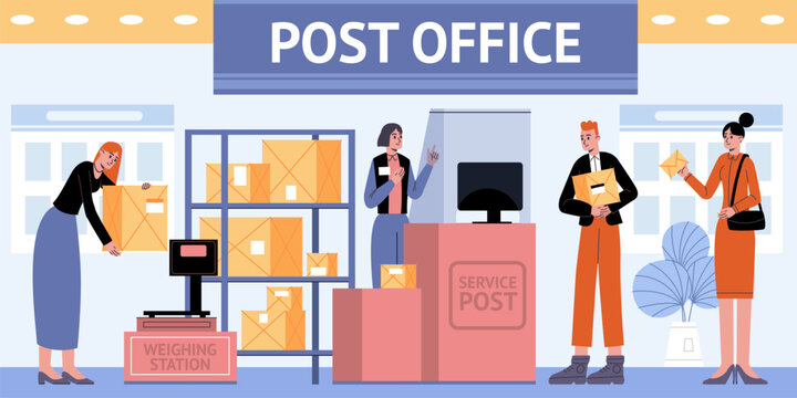 People in post office. Employees and visitors of mail delivery service. Costs calculation. Letters and parcels shipment. Weighing boxes on scales. Postman at counter. Vector concept