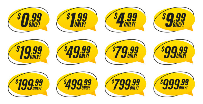 Discount price tag from 0.99 to 999.99 dollar set. Special sale offer advertising with price-off label template. Save money with clearance purchase shop product price sticker. Vector illustration