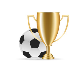 Realistic golden cup with soccer ball. Winner prize, celebration victory concept realistic vector. Sports award. Vector illustration