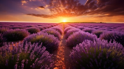 Fototapeta premium Beautiful lavender field with the sun setting. AI generative.