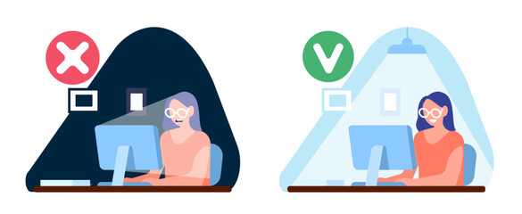 Proper and improper lighting of workplace. Woman working at desk with computer. Office table illuminated by lamp. Wrong and right light organization. Incorrect illumination. Vector concept