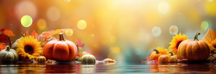 pumpkins, sunflowers, leaves, and autumn leaves, in the style of bokeh panorama