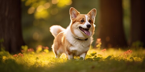 Smiling face cute lovely Welsh Corgi standing on the grass in a Summer park, Funny lovely pet dog, Dog on the background of nature, generative ai