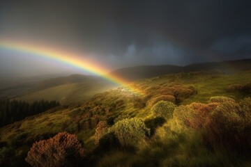 thundercloud and rainbow over a field 