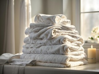 stack of towels on a bed