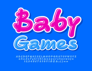 Vector creative poster Baby Games. Blue handwritten Font. Artistic Alphabet Letters, Numbers and ymbols set