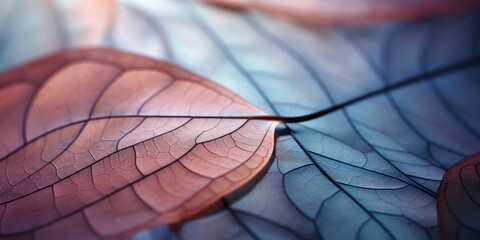 Close-up of red and blue leaf, natural texture background, generative ai