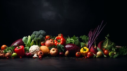 Fruits and vegetables on a dark background. AI generative.