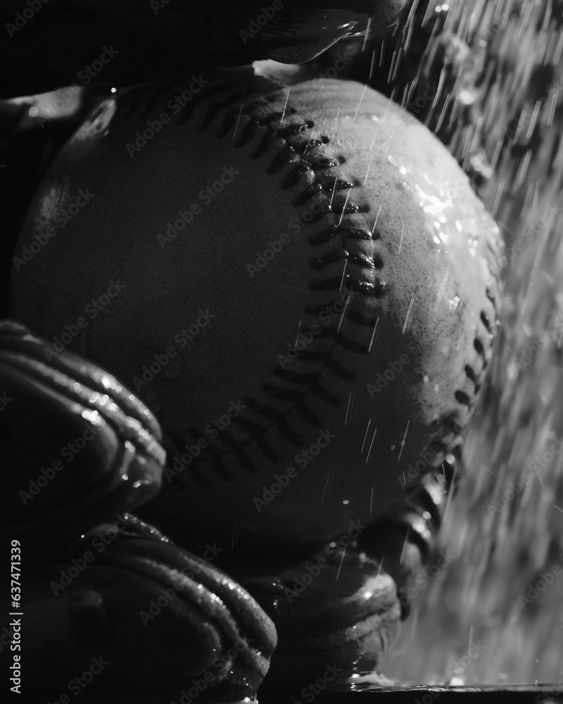 Sticker baseball rain game concept with ball in glove close up. - Stickers
