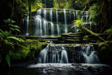 Fototapeta premium Majestic Waterfall Cascading in Lush Rainforest