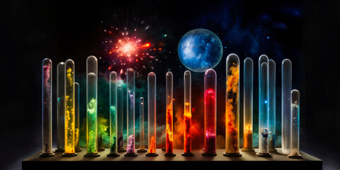 Enthralling image of test tubes containing vivid nebulae, transforming science into a cosmic voyage with boundless possibilities.