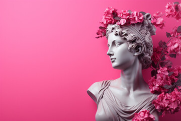 Statue of a woman on a pink background. Copy space