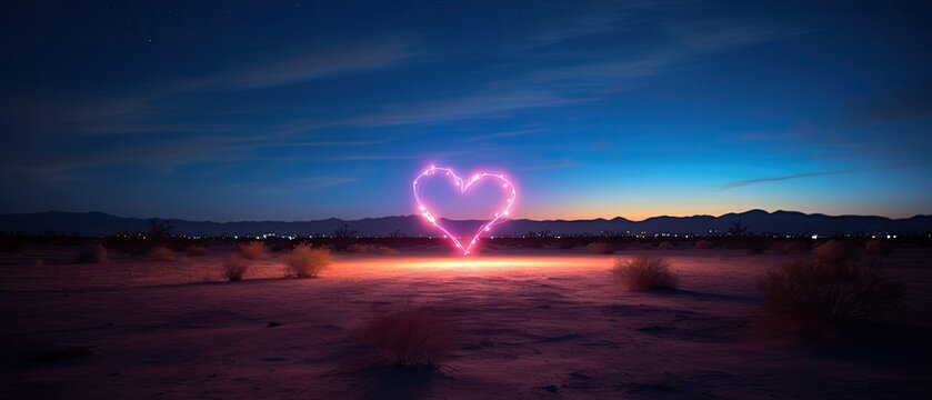 a luminescent heart by long exposure times in colors, a desert setting in a Photography-themed image as a JPG horizontal format. generative ai