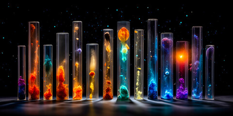 Glowing nebulas in test tubes suggest unlimited scientific exploration, ideal for businesses aiming to depict the vast realms of knowledge.