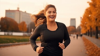 Fototapeta premium Plus size woman in sportwear workout jogging, weight loss