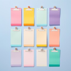 Clipboard, rainbow sticky notes on pastel background. Generative Ai.