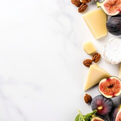 Fototapeta na wymiar A selection of cheeses, figs, nuts and honey. Banner on a white marble background. Generative AI.