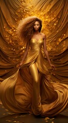 Fashion model woman in golden flying dress, luxury theme