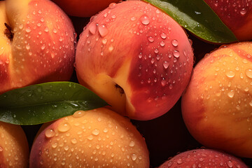Naklejka na ściany i meble Peach fruits fresh seamless background visible drops of water