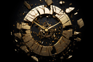 Gold painted clock on black background. the clock is broken into pieces. Time is money.