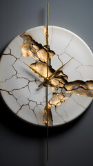a white color clock broken into pieces. don't waste time. time is money concept. kintsugi style. business and wallpaper concept. 