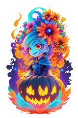 Fototapeta premium Cute Witch Girl, Watercolor Halloween Concept, PNG Clipart.