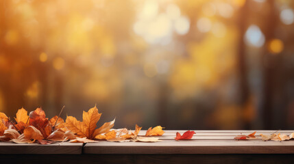 Autumn background on a wooden table with autumn leaves falling on it, photorealistic style.