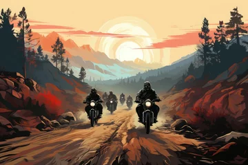 Fototapeten A group of people riding motorcycles down a dirt road. Digital image. © tilialucida