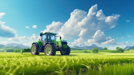 Fototapeta premium green tractor plowing cereal field with sky with clouds generative ai