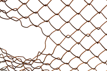 The texture of the metal mesh. Torn, destroyed, broken metal mesh on a white background. rusty wire