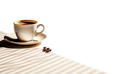 The coffee on the table is taken from a side angle with a white background, generated by ai - Powered by Adobe
