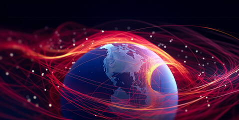 Earth with technology background, in the style of light indigo and light crimson, fluid networks.