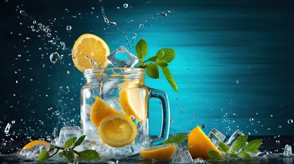 Fresh lemonade with mint ginger orange and ice - obrazy, fototapety, plakaty