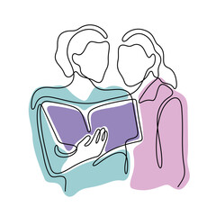 Two women looking at a book continuous line colourful vector illustration
