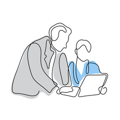 Co-workers discussing a project continuous line colourful vector illustration. Teamwork illustration.