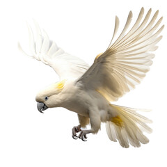 a sulfur-crested cockatoo (Cacatua galerita) in-flight, 3/4 view, in a tropical wildlife-themed, illustration in a PNG, cutout, and isolated. generative ai