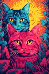 A couple of cats sitting next to each other. Digital image. Colorful vibrant pop style image.