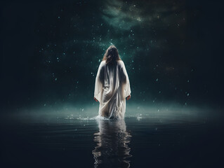 Jesus Christ walking on water at fantastic night. - obrazy, fototapety, plakaty