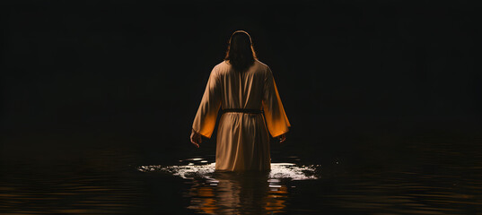 Jesus Christ walking on water at night.