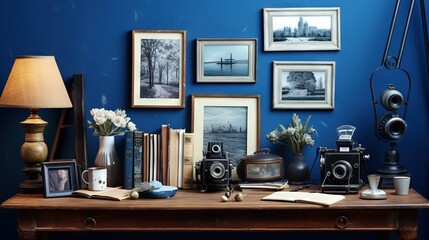  a table with a bunch of pictures and a lamp on it.  generative ai