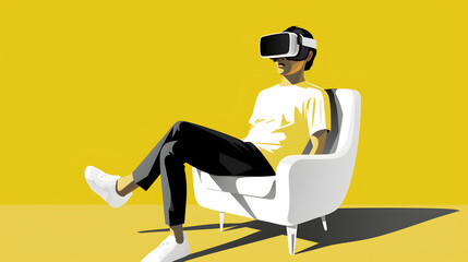 Young man wearing VR AR headset and experiencing virtual reality simulation, metaverse and cyberspace.